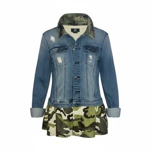 Upcycled Royal Bones Blue Jean Jacket with Camouflage Accents